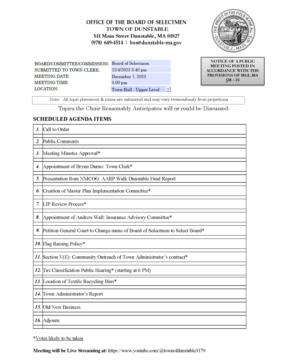 Board of Selectmen's Meeting Dunstable MA