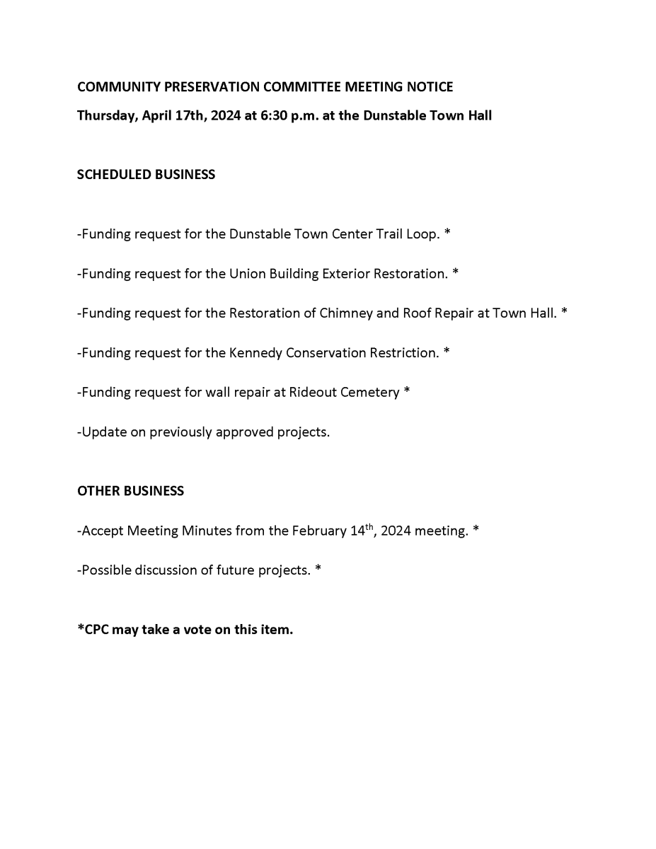 Community Preservation Committee Meeting Dunstable Ma