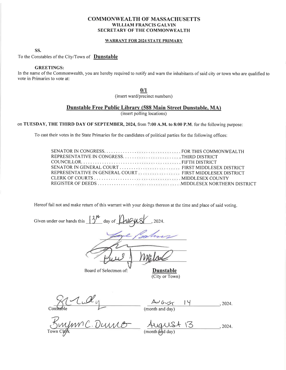 State Primary Election 2024 | Dunstable MA