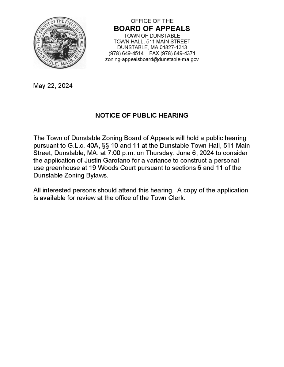 Notice of Public Hearing Zoning Board of Appeals Dunstable MA