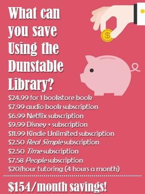 Image of piggy bank with ways to save by borrowing books, magazines, and other materials