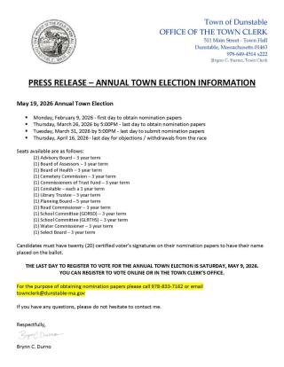 Press Release - 2026 Annual Town Election