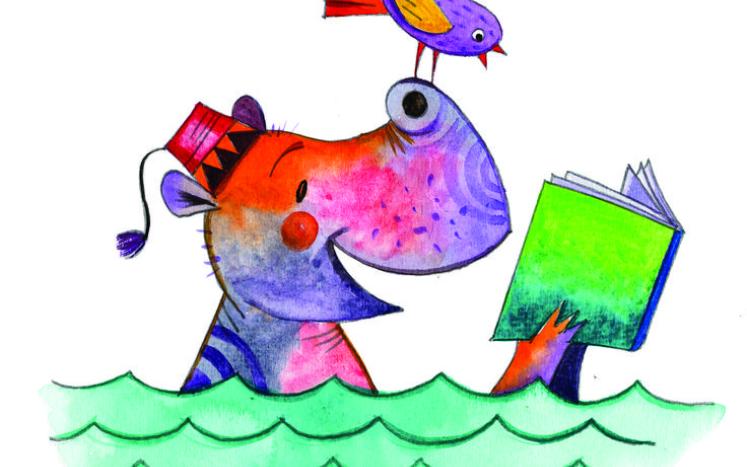 hippo reading in the water