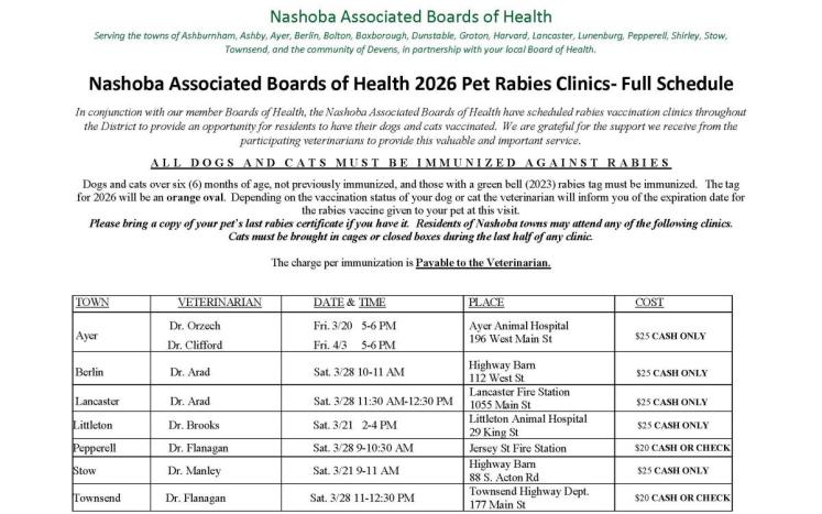Nashoba Rabies Clinic Schedule