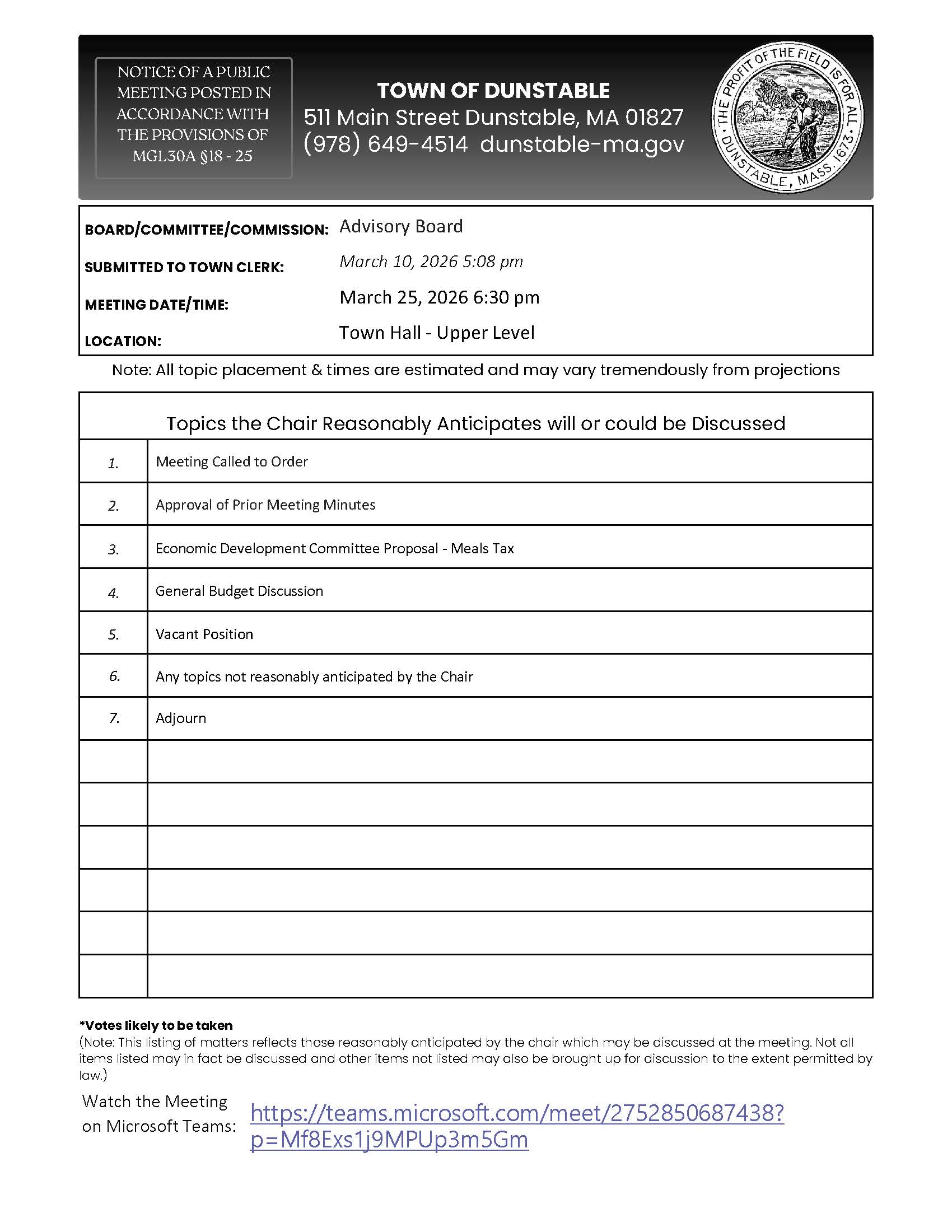 Advisory Board Meeting Agenda