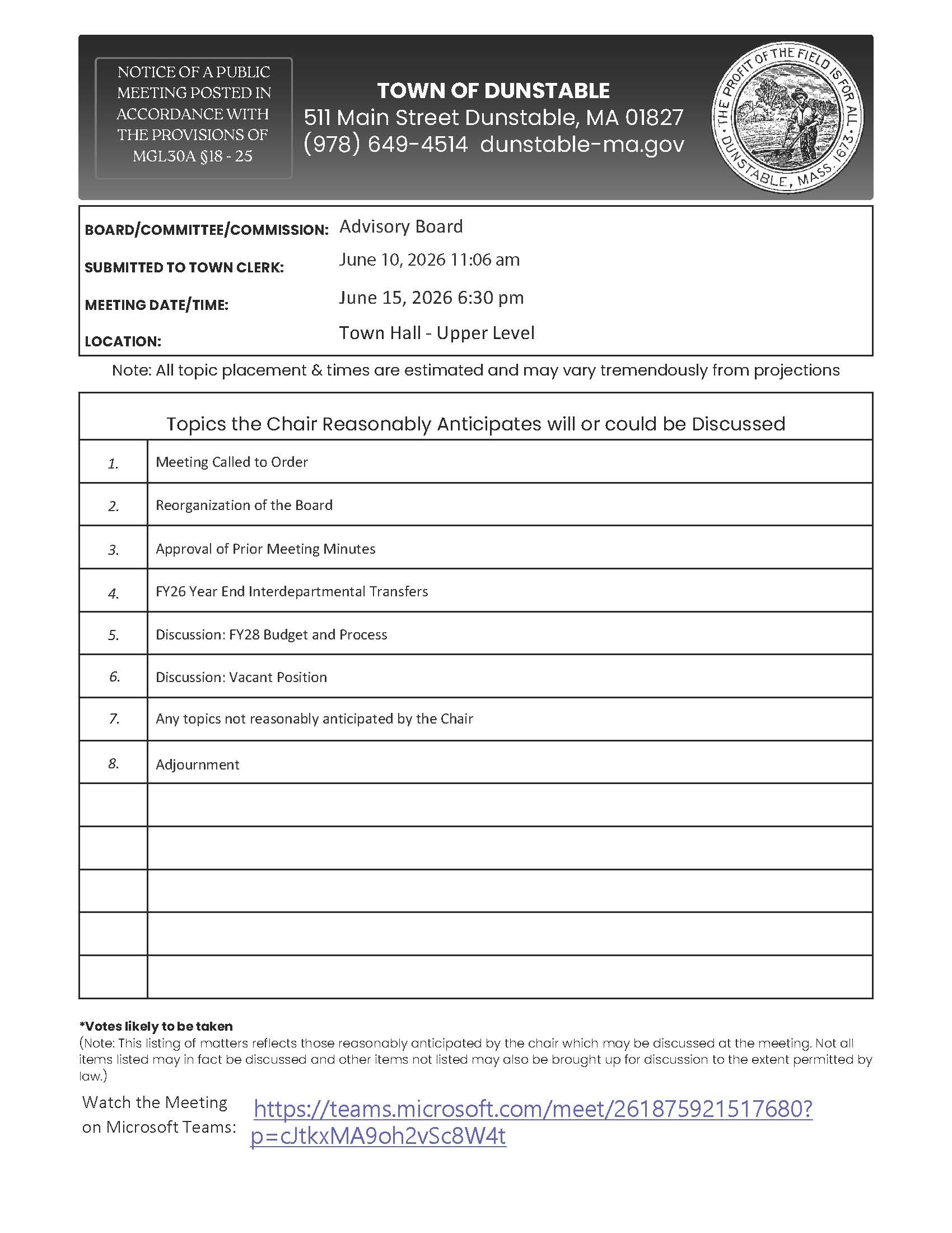 Advisory Board Meeting Agenda