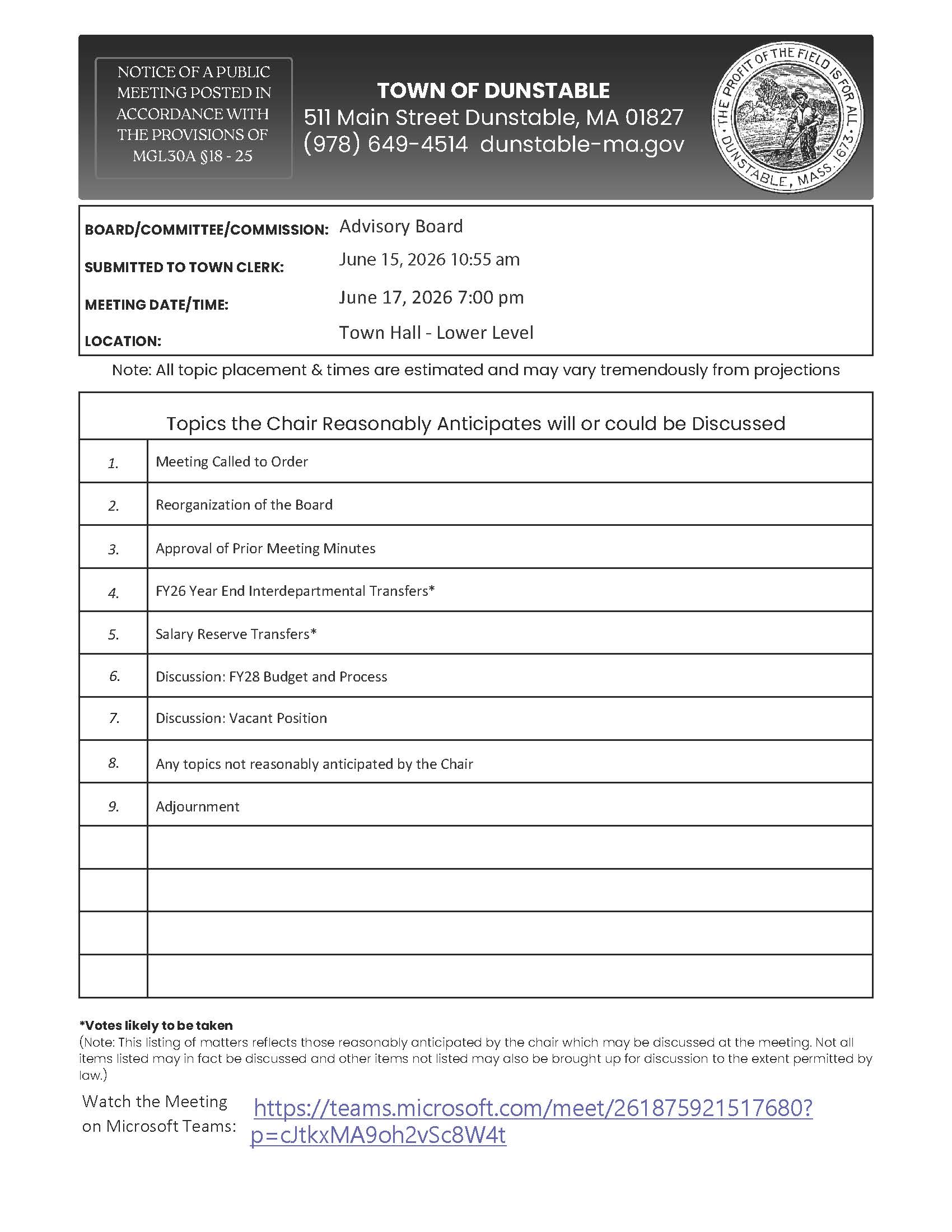 Advisory Board Meeting Agenda