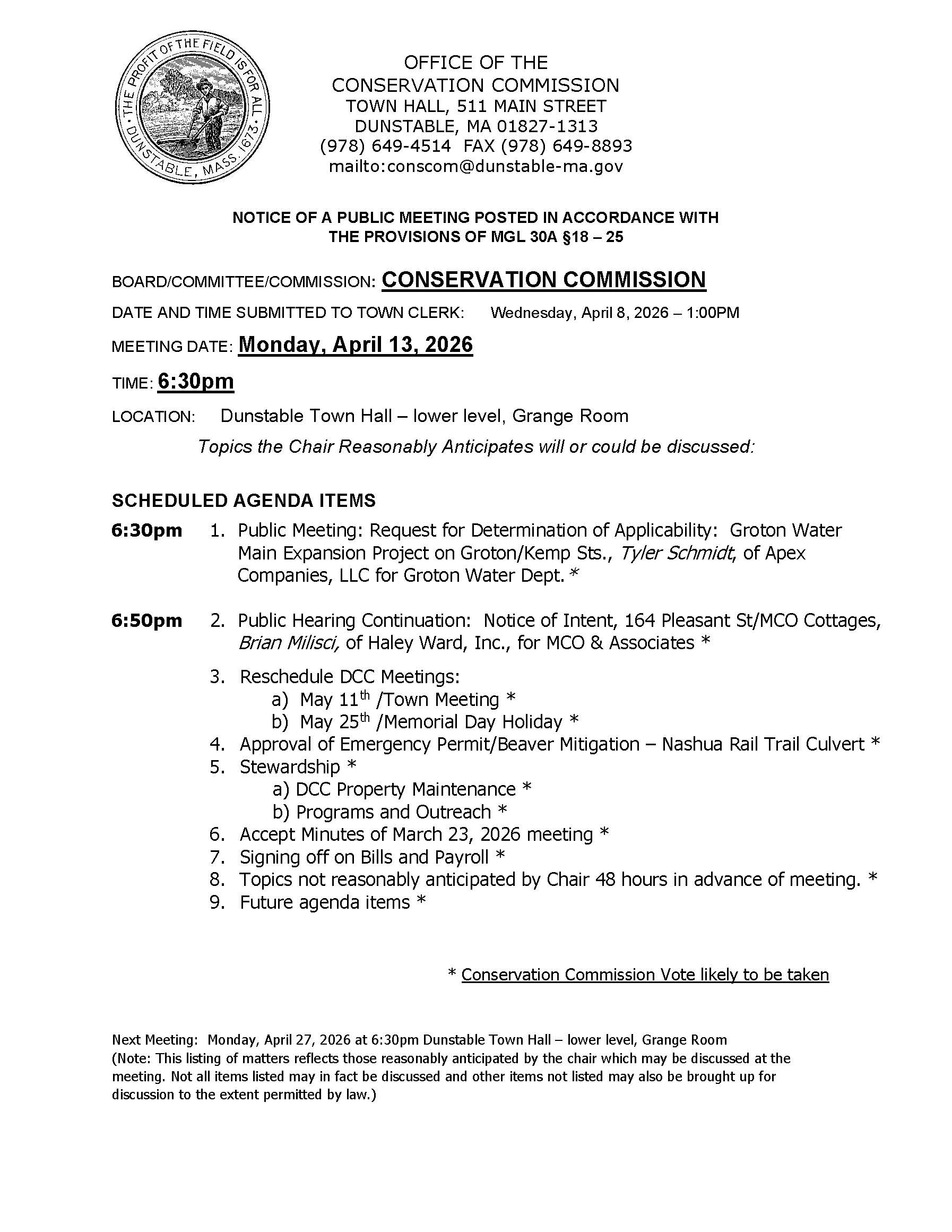 Conservation Commission Meeting Agenda