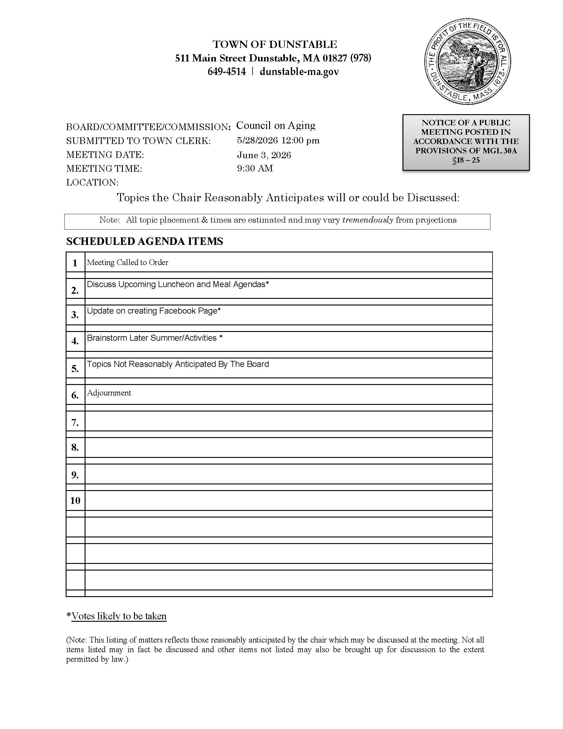 COA Board Meeting Agenda