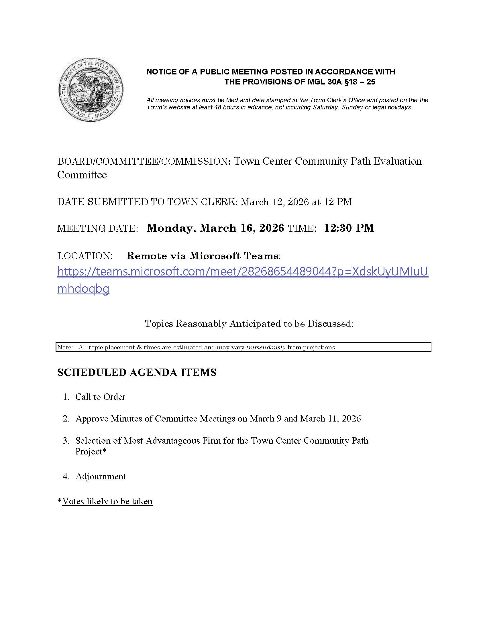 Town Center Community Path Eval Committee Agenda