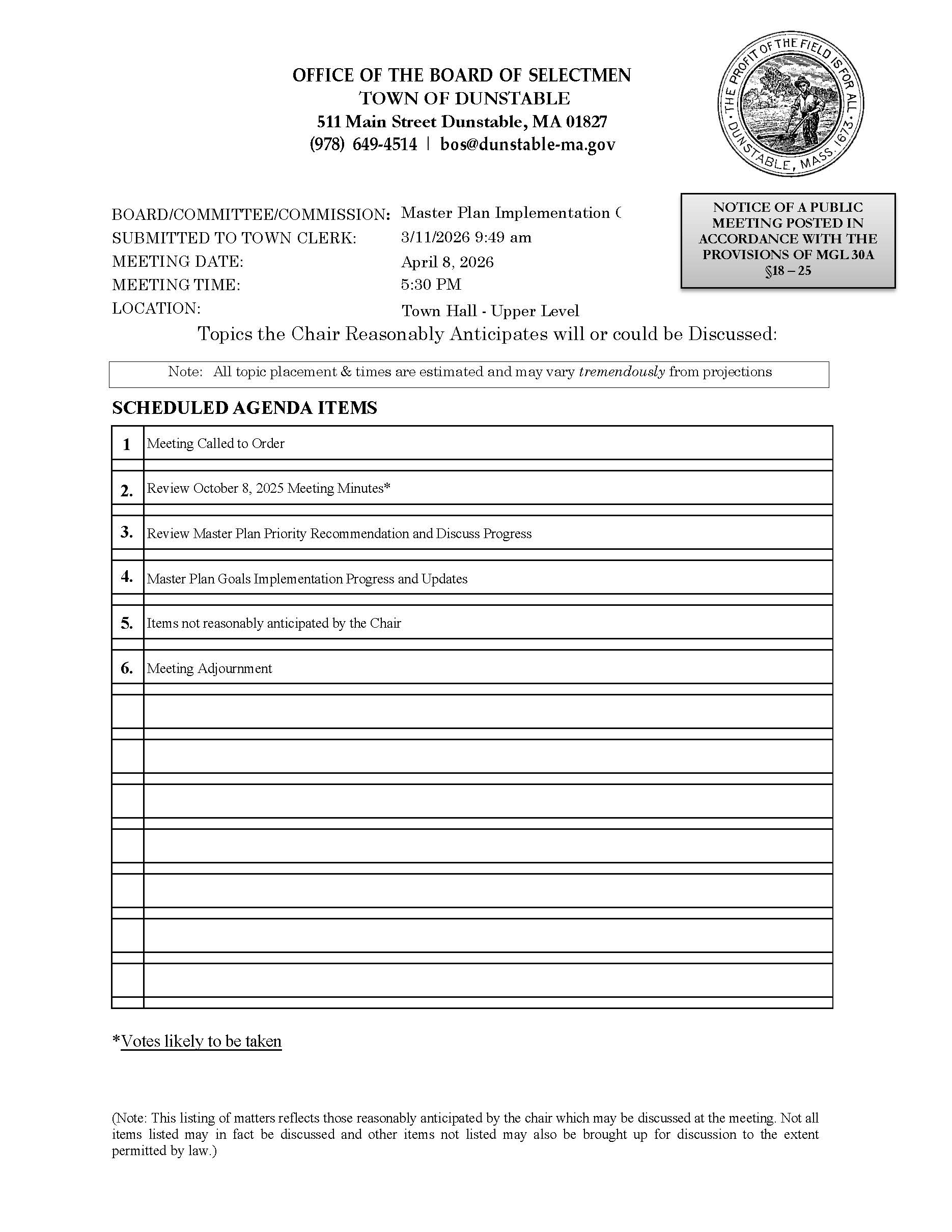 Master Plan Implementation Committee Agenda