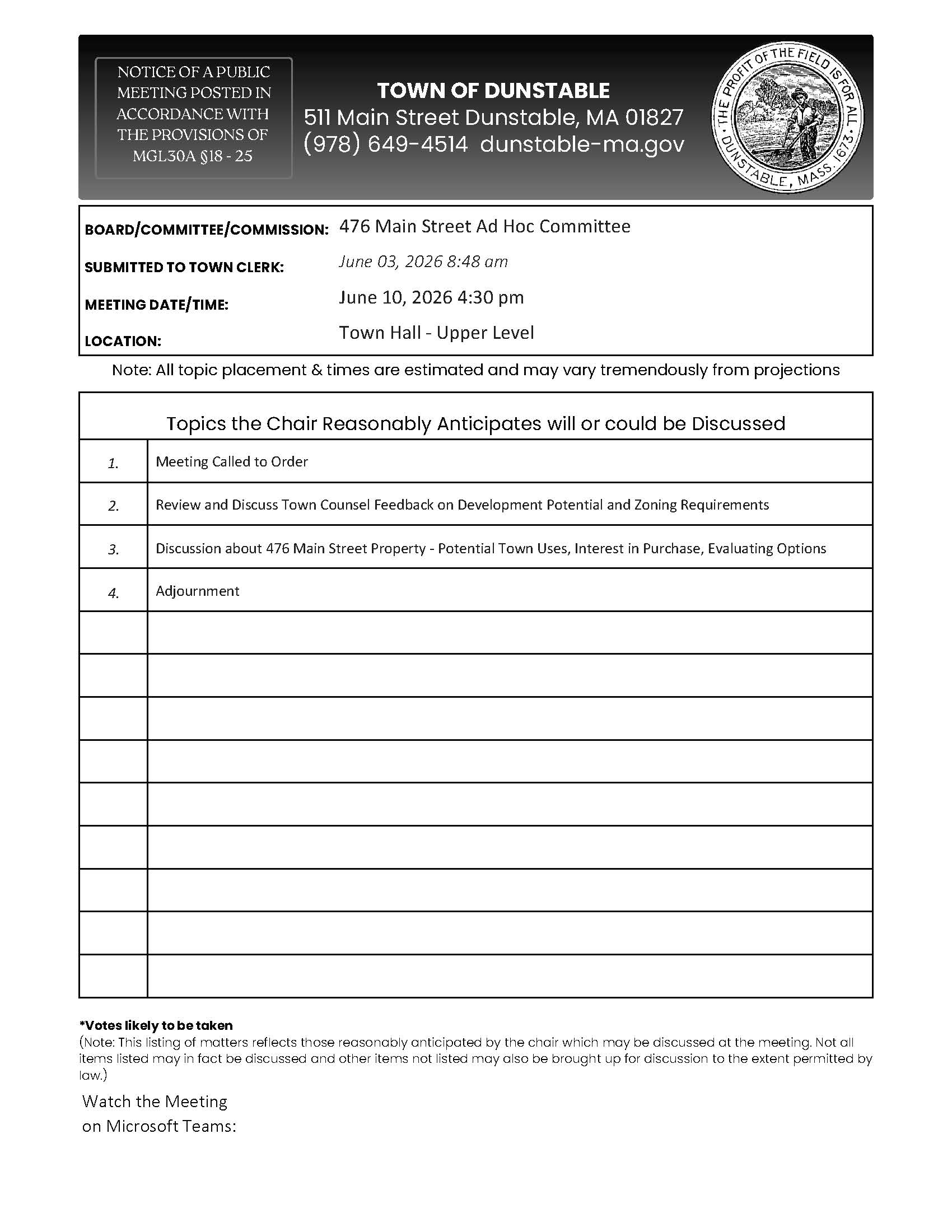 476 Main Ad Hoc Comm Agenda