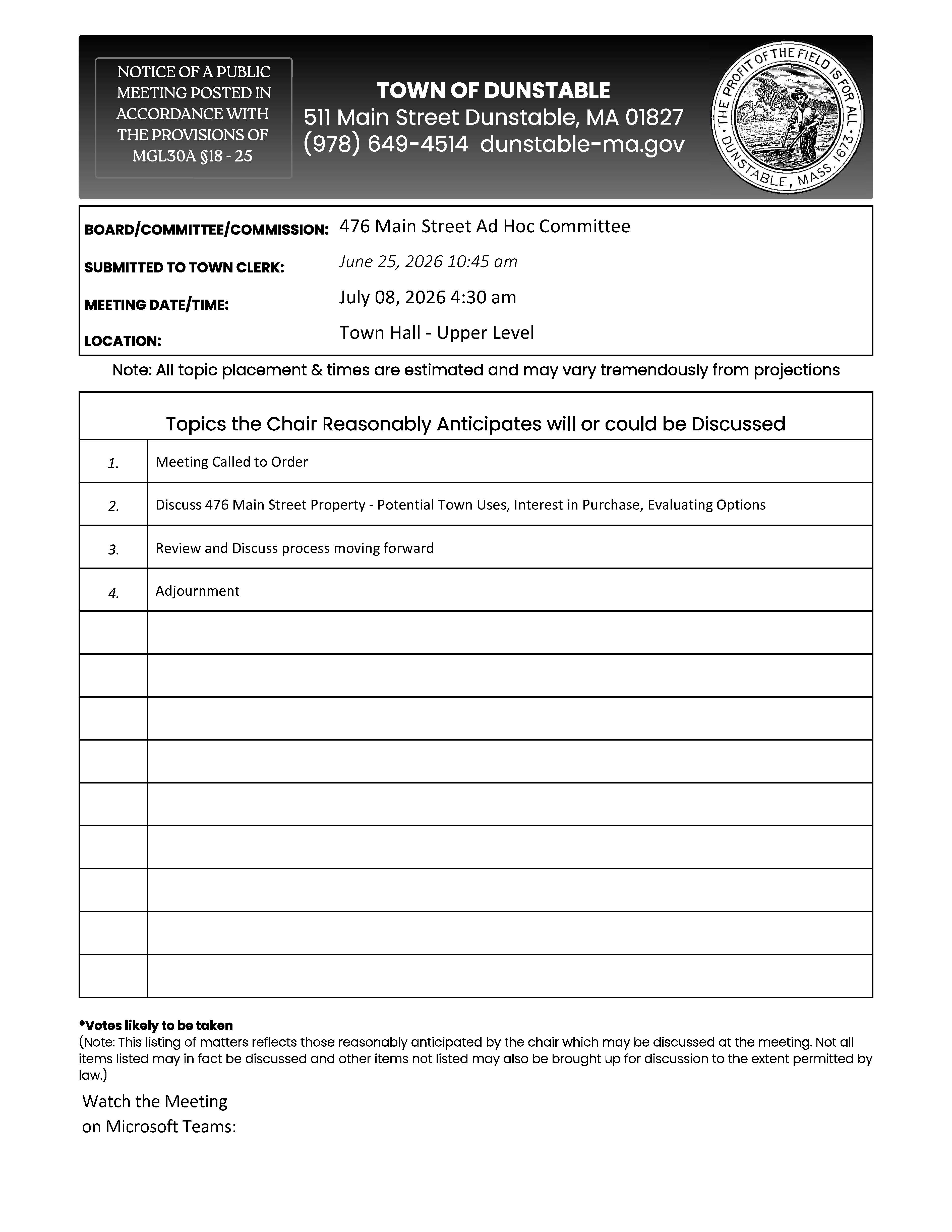476 Main Ad Hoc Comm Agenda