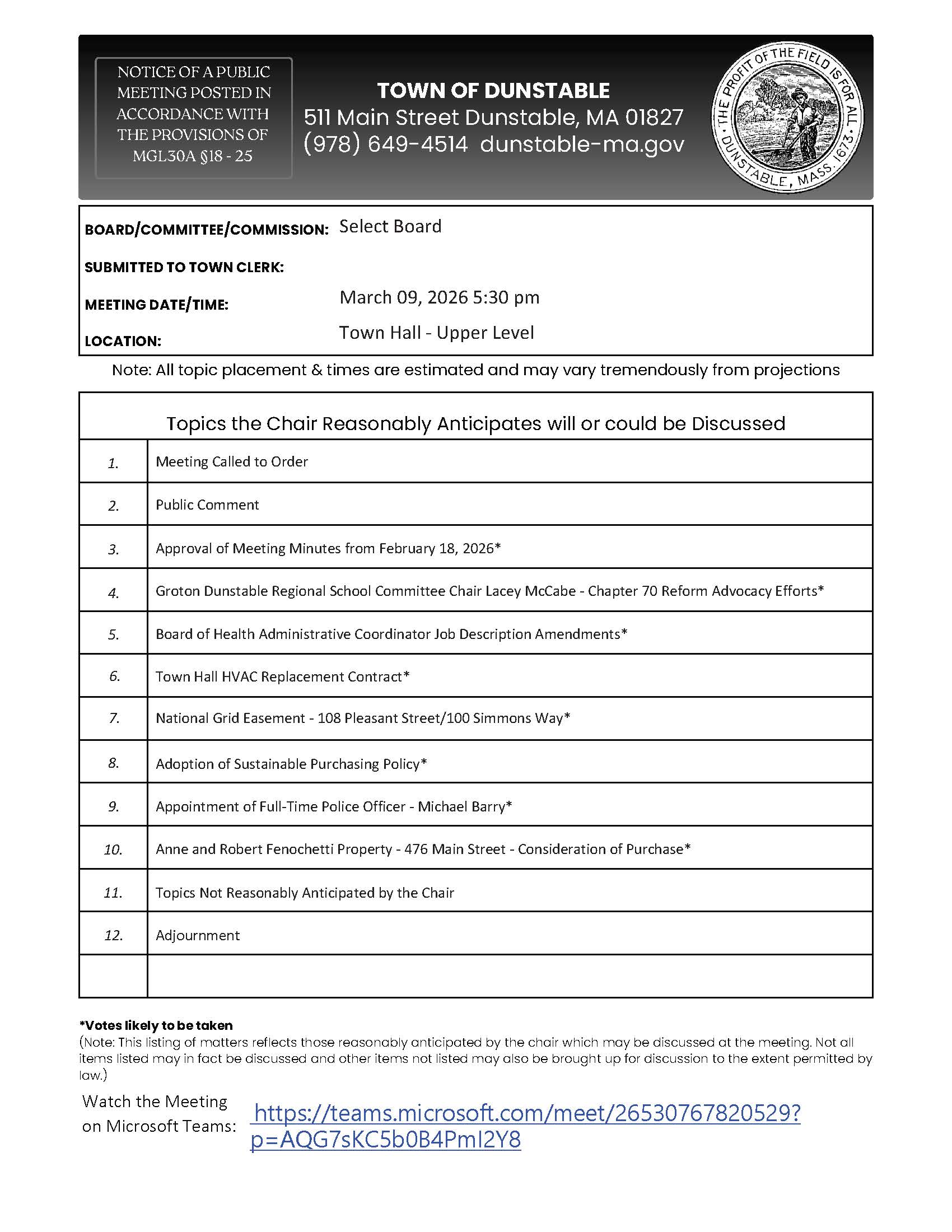 Select Board Agenda