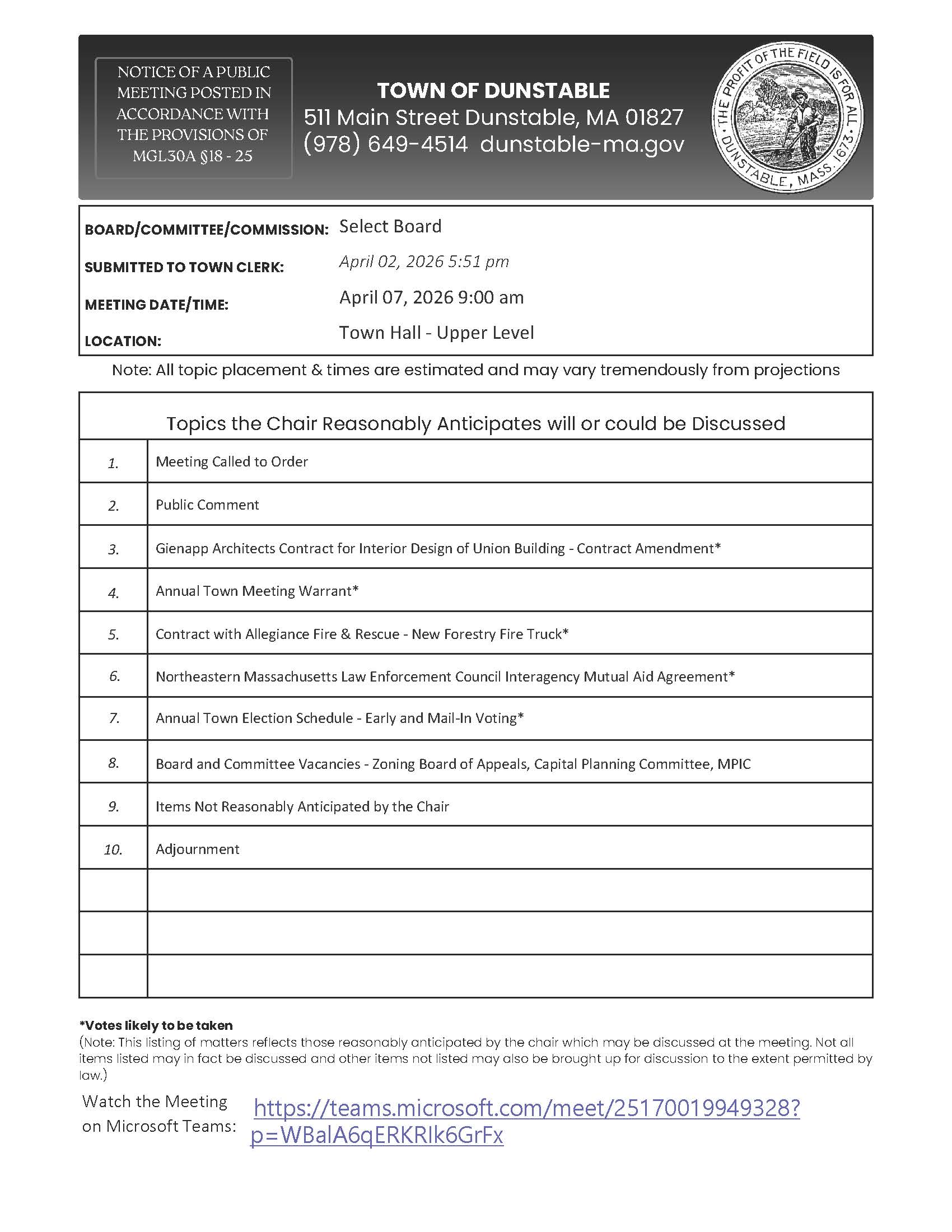 Select Board Agenda