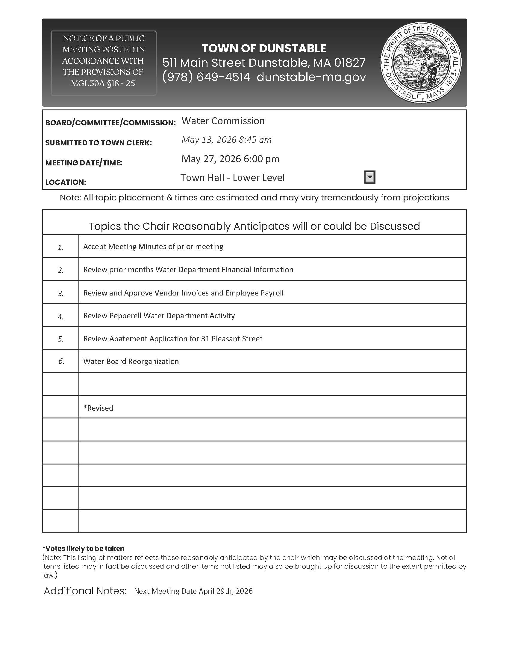 Water Board Agenda
