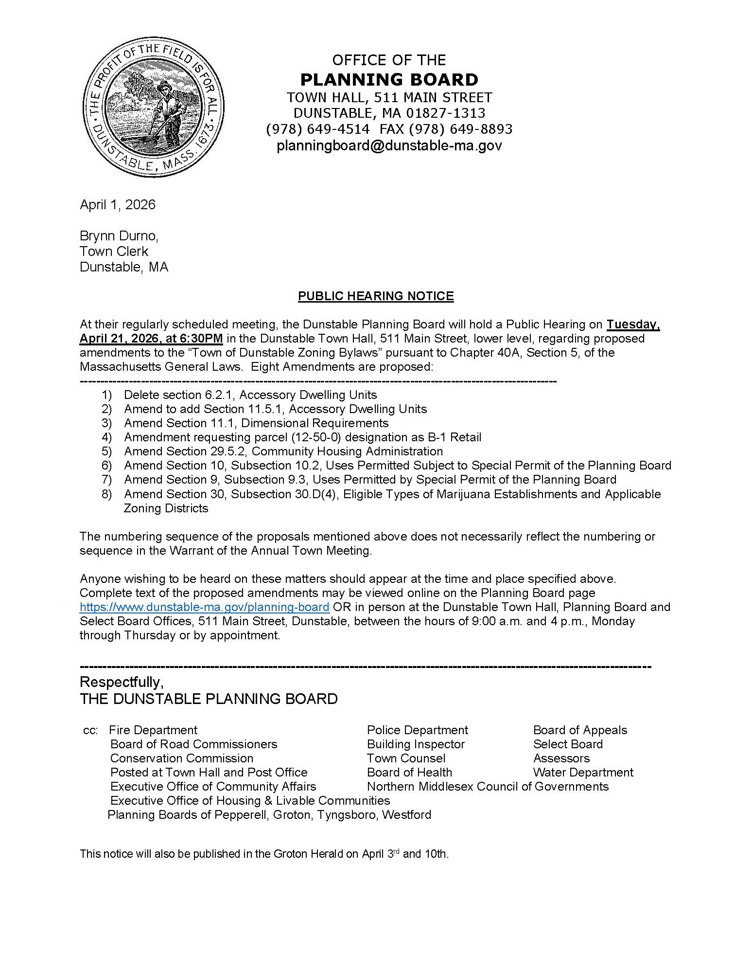 Planning Board Public Hearing Notice