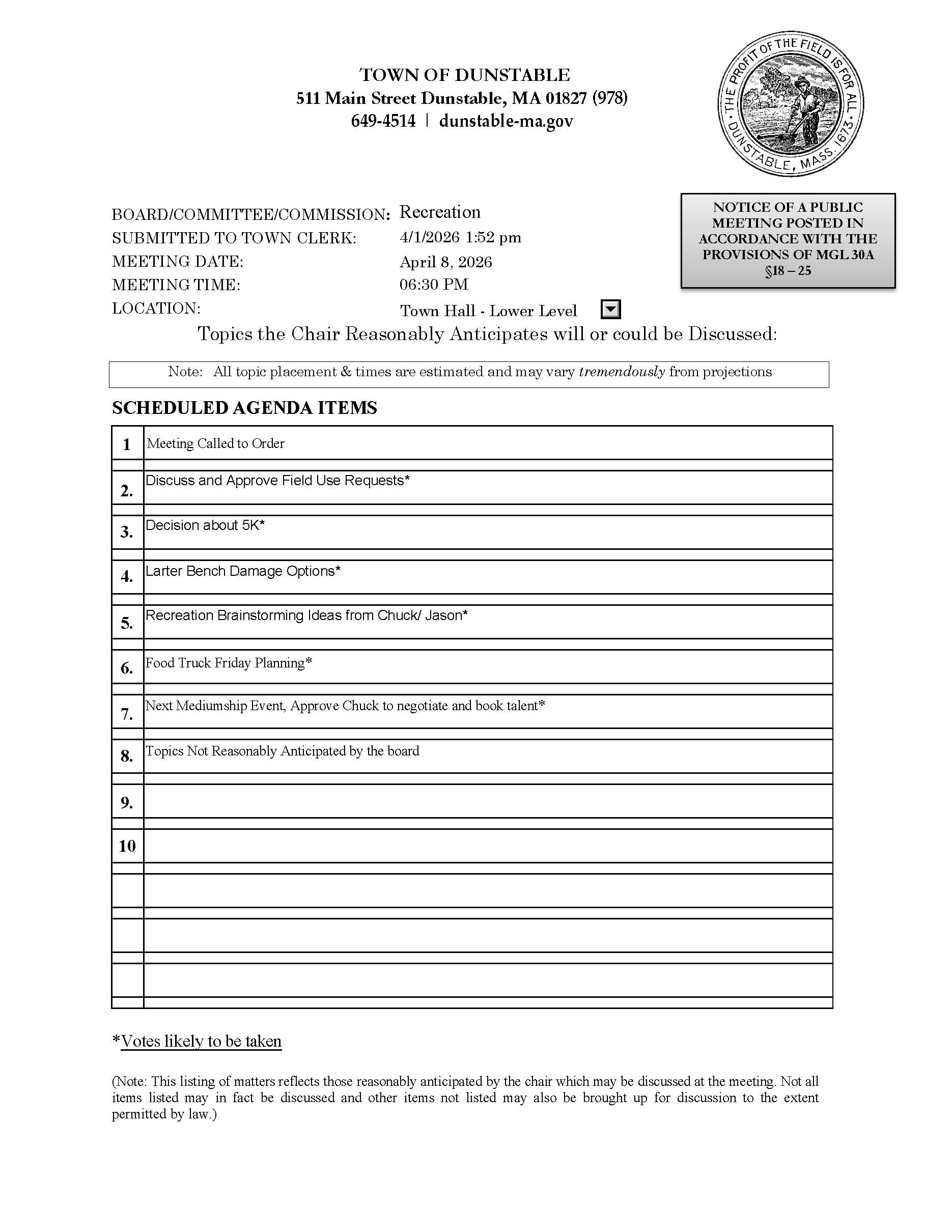 Rec Commission Agenda