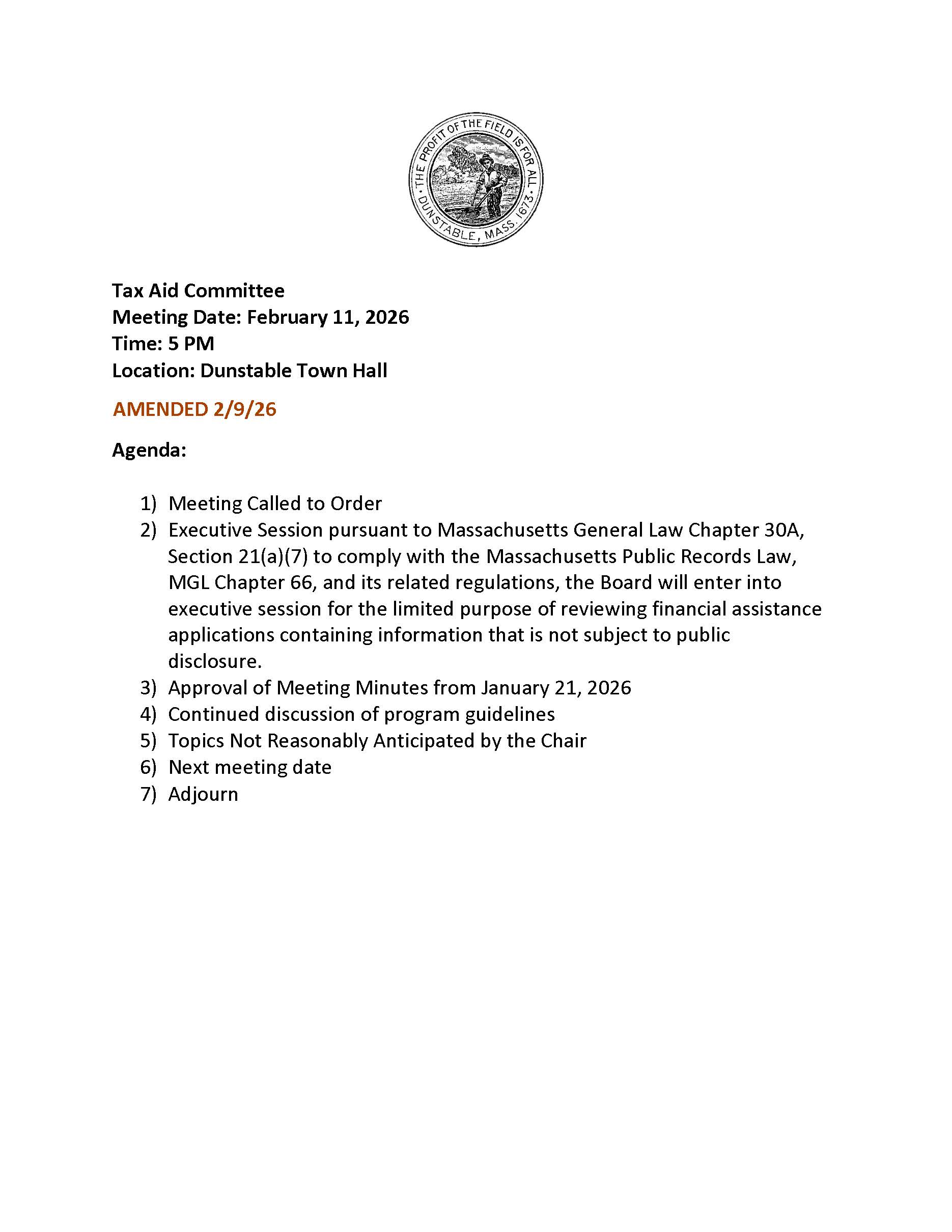 Tax Aid Committee Agenda