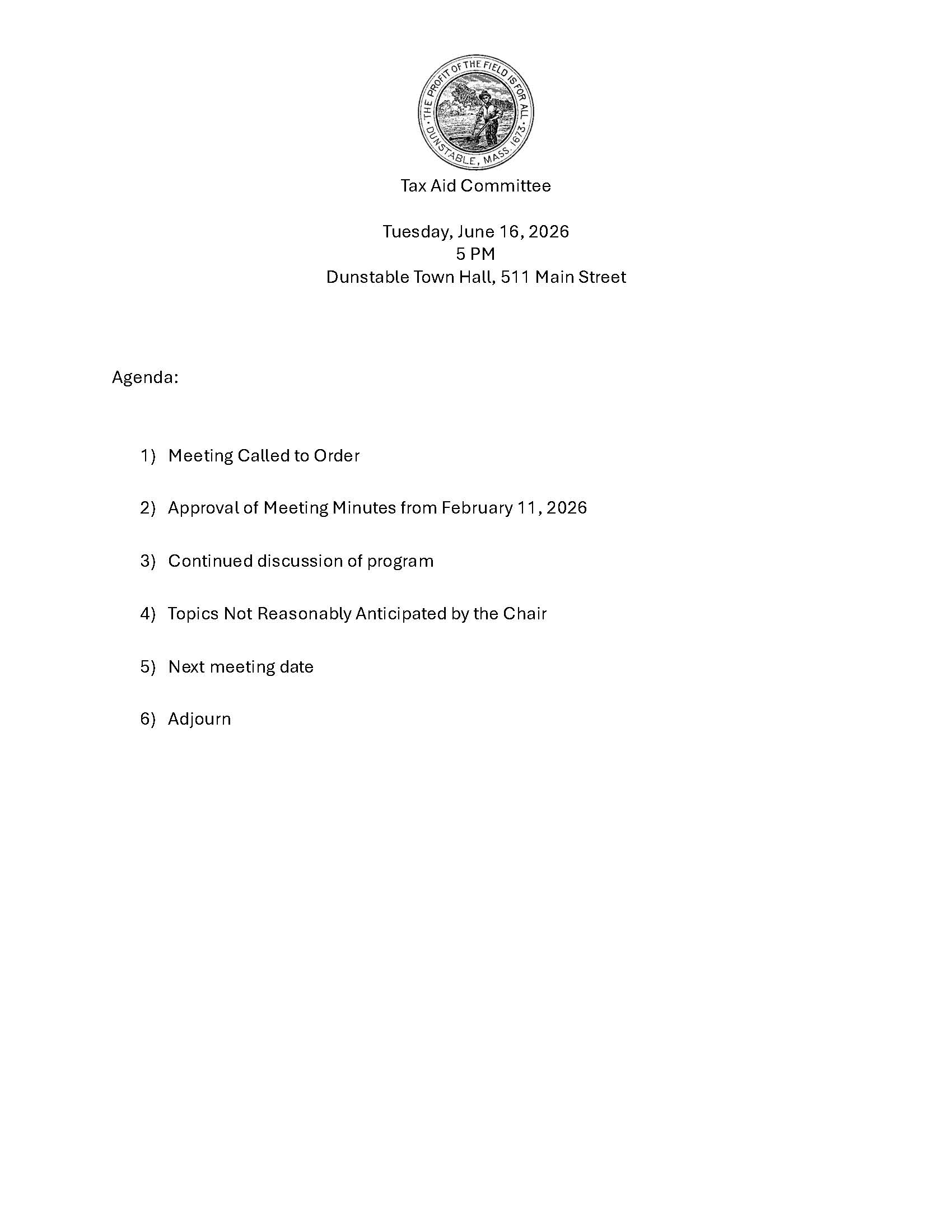 Tax Aid Committee Meeting Agenda